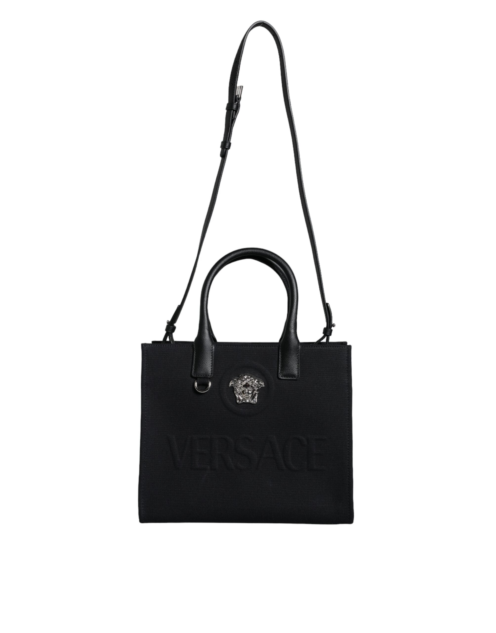 Versace Siyah Üst Saplı Kanvas Deri Logolu Çapraz Askılı Tote Çanta